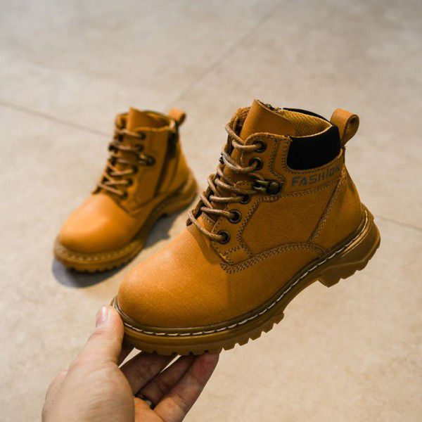 Genuine Leather Children's Boots New Autumn Boys' Single Boots Korean Version Fashion Girls' Short Boots Trend Children's Desert Yellow Boots 