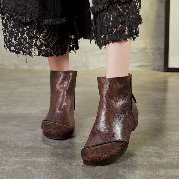 Autumn and Winter Popular Casual Women's Shoes Retro Handmade Genuine Leather Fashion Frosted Splice Flat Bottom Short Boots for Women 