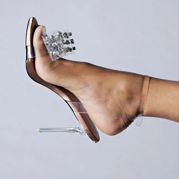 New round head bow water diamond transparent one line buckle high heels, fashionable and sexy sandals for women 