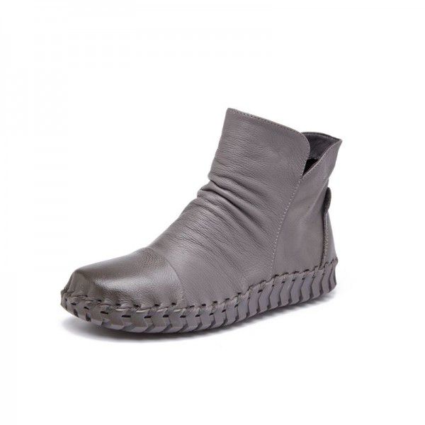 Autumn New Genuine Leather Short Boots Casual Flat Bottom Versatile Round Head Leather Boots 