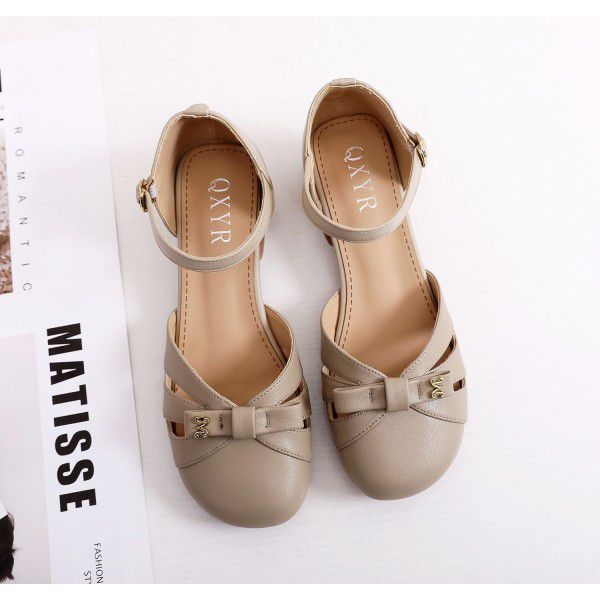 Women's Summer Single Shoes New Genuine Leather Hollow Shallow Mouth Women's Shoes Round Toe Thick Heels Casual Mesh Breathable Women's Sandals 