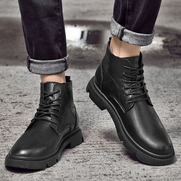 Martin boots, men's high help work boots, men's spring and autumn military leather boots, trendy British style black boots 