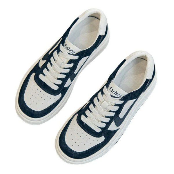Top layer cowhide small white shoes for women's new women's shoes, Korean version versatile round head color matching thick sole bread casual sports board shoes 