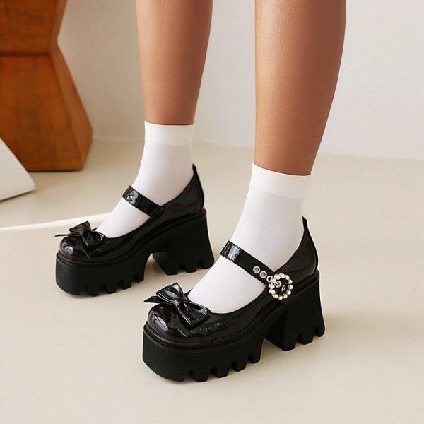 Thick soled Mary Jane shoes, patent leather, spring and autumn new bow tie, thick heels, super high heels, women's single shoes, British style small leather shoes 