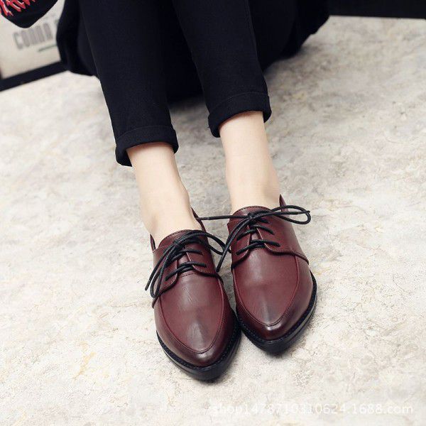 Spring and Autumn Block Women's Shoes British Lace up Pointed Retro College Style Low Heel Small Leather Shoes Single Shoe Girl 