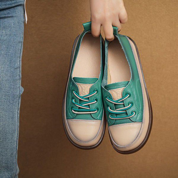 New Vintage Genuine Leather Flat Sole Women's Shoes Soft Sole Colored Casual Shoes Cow Rib Sole Women's Single Shoes 