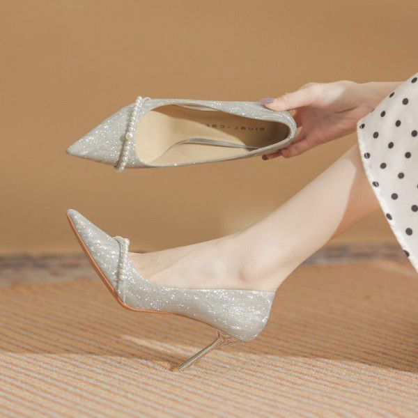 High Heel Women's Fine Heels Winter New Crystal Bridal Wedding Shoes Pointed Toe Shallow Mouth Pearl Single Shoes 