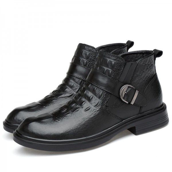 Men's leather boots, new top layer cowhide black high cut Martin boots, men's business casual plush short boots 
