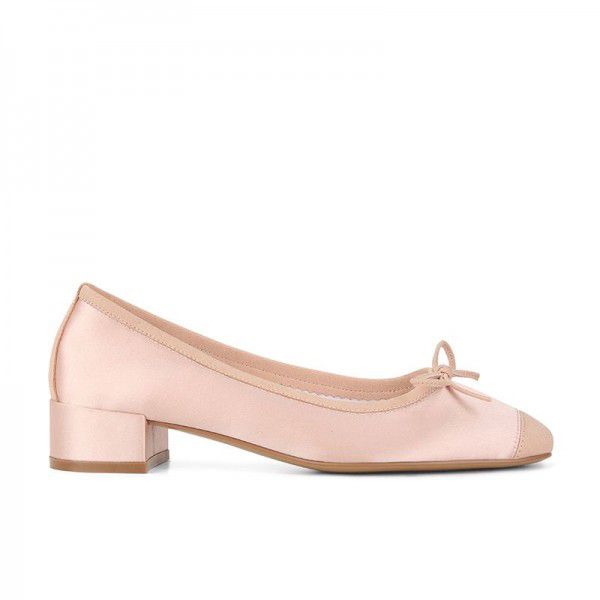 French sheepskin square toe bow thick heeled ballet shoes for women's singles 