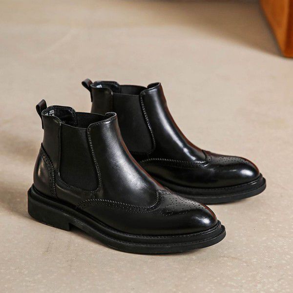 Men's Martin boots, spring and summer plush casual Chelsea boots, men's English black men's leather boots 
