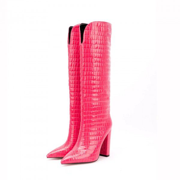 New black pointed thick heeled high boots, pink sleeve large boots 