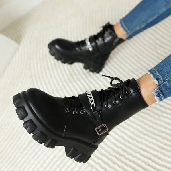 British Martin Boots Zipper Front Lace up Matsutake Thick Bottom Short Boots Belt Buckle Women's Motorcycle Boots 