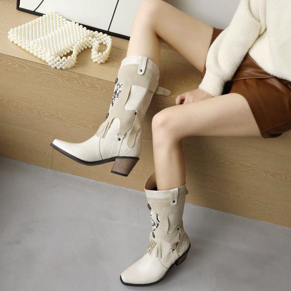 Western cowboy short boots, women's boots with snake pattern stitching, square toe mid length boots, thick high heels, British style knight boots 