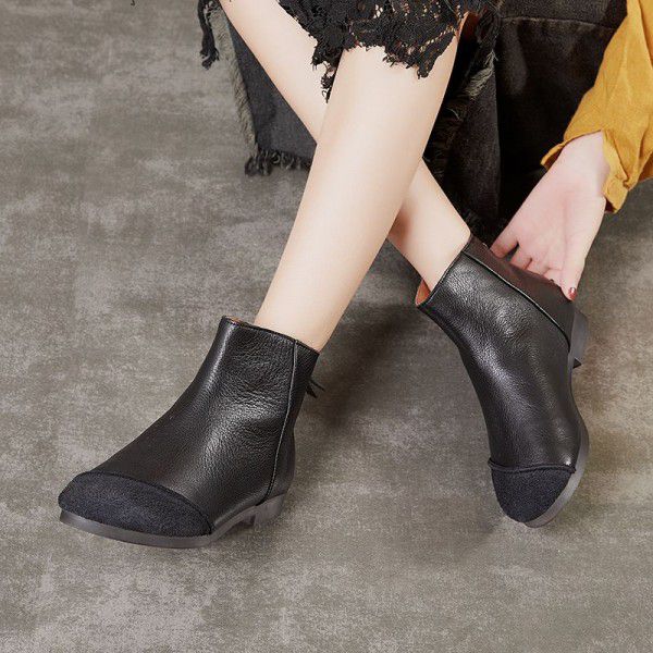 Autumn and Winter Popular Casual Women's Shoes Retro Handmade Genuine Leather Fashion Frosted Splice Flat Bottom Short Boots for Women 