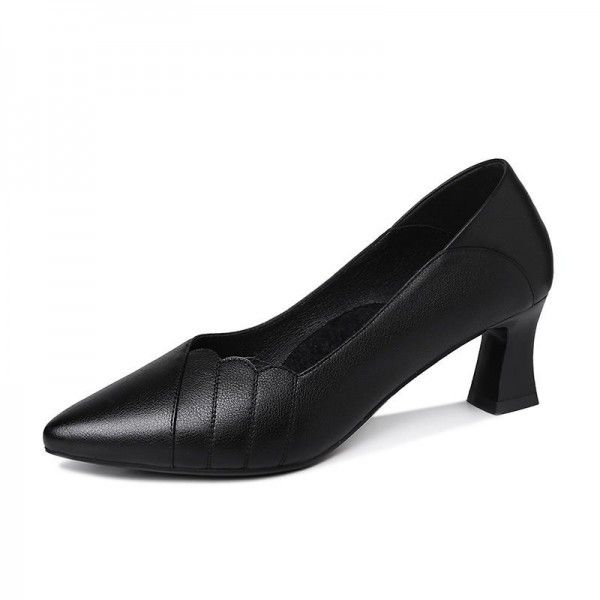 Pointed genuine leather high heels, women's thick heels, autumn new black leather shoes, women's shoes 