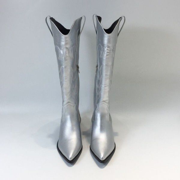 High boots, silver embroidery, Chelsea long boots, Western denim style knight boots 