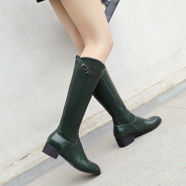 Belt buckle spring and autumn boots, leather boots, knight boots, thick heels, medium heels boots 