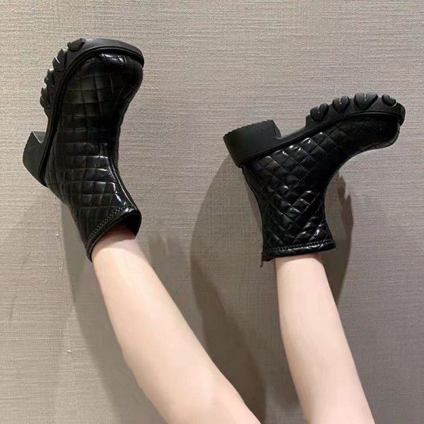Martin Boots Women's Autumn and Winter New Thick Sole Down Diamonds Cotton Shoes Slim and Thin Smoke Pipe Short Boots 