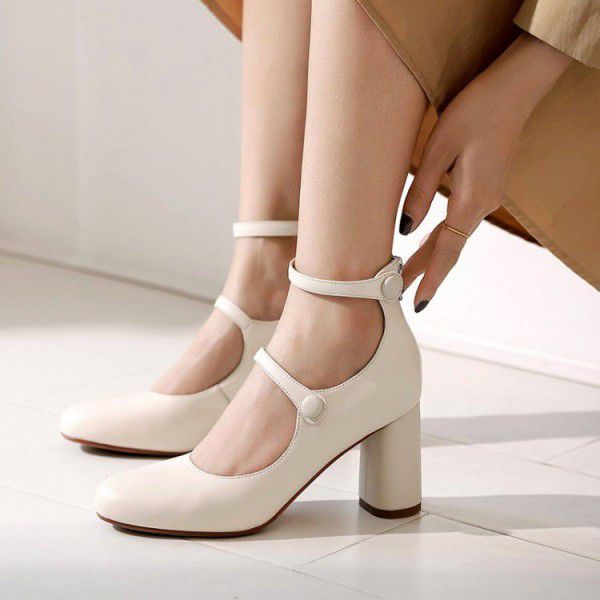 New Spring Beige Stripe High Heels Mary Jane Shoes Patent Leather Round Toe Thick Heels Wedding Shoes Girl 