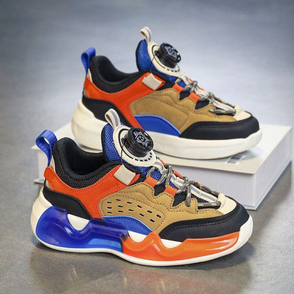 Spring New Men's Mid size Big Boys' Colored Leather Face Breathable and Comfortable Lightweight Rotating Button Cold Sticky Children's Sports Shoe 