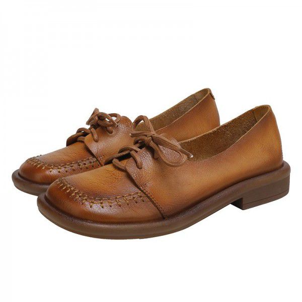 Retro Soft Sole Shoes Women's Spring and Summer New Genuine Leather Round Head Shallow Mouth Lacing Handmade Four Seasons Single Shoes 