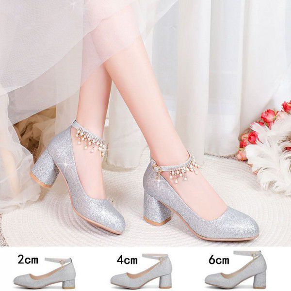 Silver single shoe women's dress with round toe high heels 