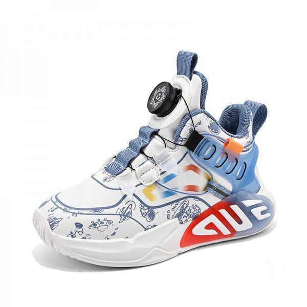 Children's Basketball Shoes Professional Training New Football Shoes Rotating Button Leather Surface Waterproof Medium to Large Children's Sports Shoes Anti slip Moisture 
