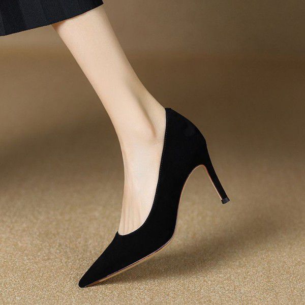 New Spring/Summer French High Heels Female Pointed Thin Heels Black Temperament Frosted Single Shoe Female 