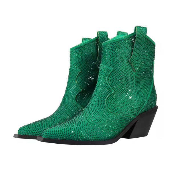 Pointed thick heeled short boots with customized rhinestone sequins in European and American style 