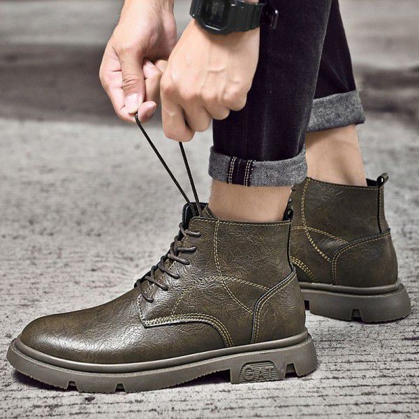 Martin boots, men's high help work boots, men's spring and autumn military leather boots, trendy British style black boots 