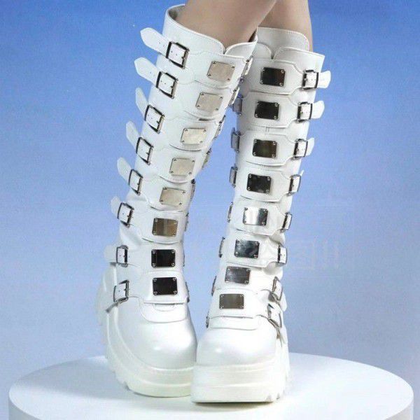 Buckle Thick Sole Boots New Gothic Slope Heel High Barrel Boots Women's Punk Spicy Knight Boots 