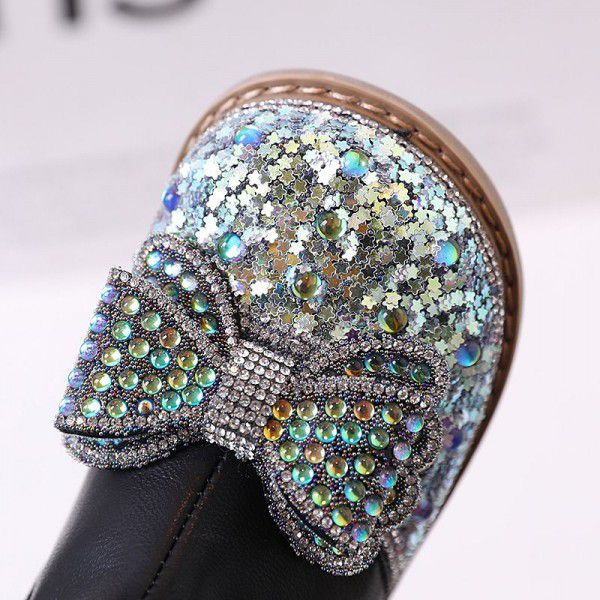 Girls' Martin Boots, Diamonds, Sequins, Bow Ties, Princess Leather Boots, Autumn and Winter New Children's Boots, Low Barrel Short Boots 