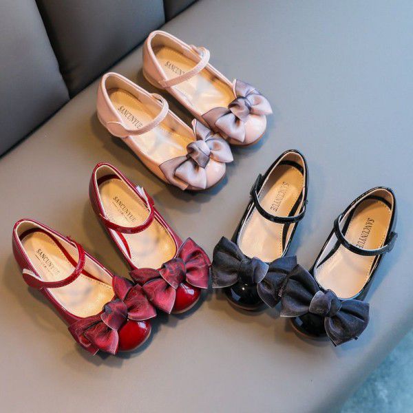 Girls' Shoes Princess Autumn New Bow Children's Heel Small Leather Shoes Lacquer Leather Middle and Big Children's Single Shoes 