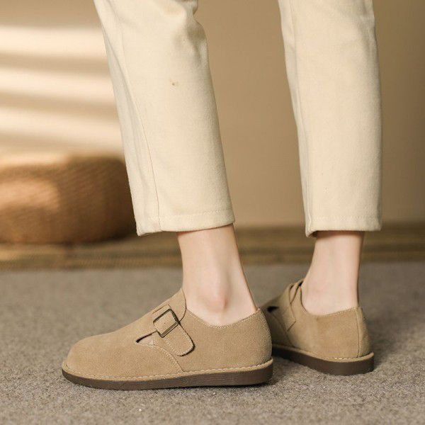 Women's autumn and winter outerwear leather plush casual flat sole single shoes for women's versatile retro soft soled Bucken shoes 