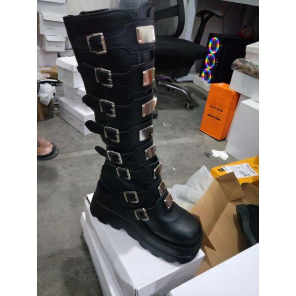 Buckle Thick Sole Boots New Gothic Slope Heel High Barrel Boots Women's Punk Spicy Knight Boots 