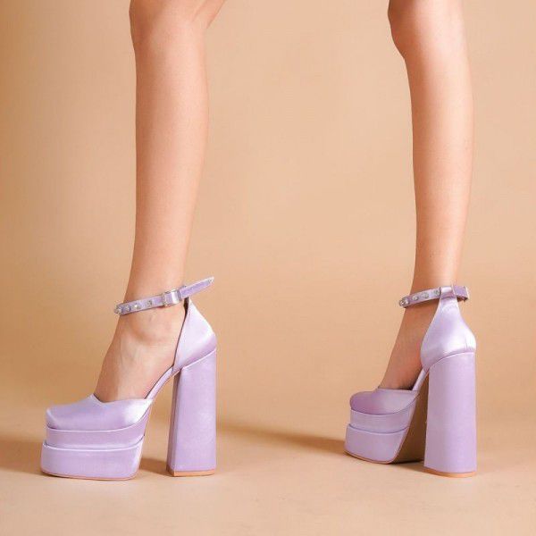 New thick high heels, candy colored single shoes, fashionable rhinestone waterproof platform, square head, thick sole for women 