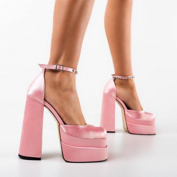 New thick high heels, black, red, pink, green, white, yellow, purple, orange, rhinestone waterproof platform, square toe, thick sole, women's size shoes 