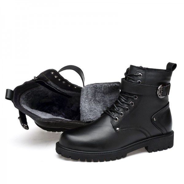 Winter plush insulation cotton boots with cowhide top layer for men's boots Martin boots, high top casual short boots 