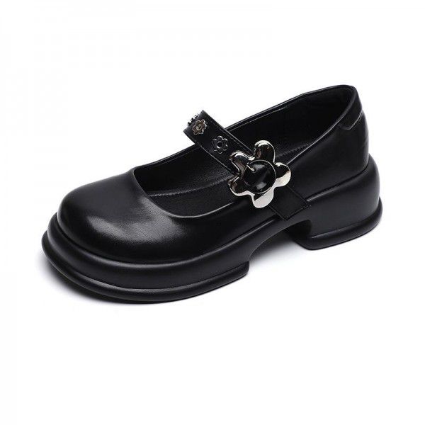 Mary Jane Shoes Women's New Round Toe Thick Sole French Vintage Single Shoe Academy One Line with Thick Heels Large Women's Shoes 