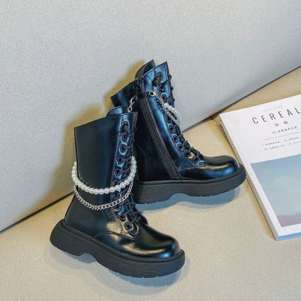 Winter Children's Shoes New Girls' Fashion Pearl Chain High Boots Little Girls' Knee Length Plush Martin Boots 