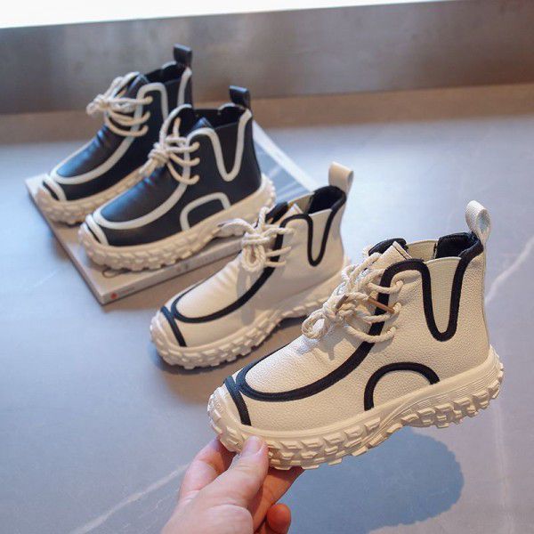 Children's Mid to Big Children's Leather Boots Spring New Girls' Short Boots Boys' Handsome Thick Sole Single Boot Trend 