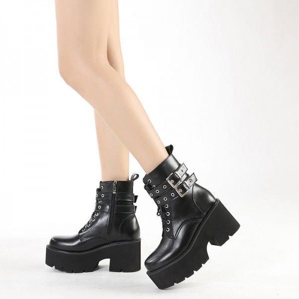 Autumn Thick Heel Waterproof Platform Martin Boots Metal Belt Buckle 