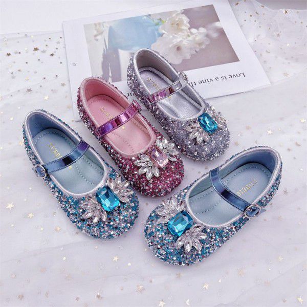 Girls' Crystal Shoes Spring New Aisha Princess Shoes Shiny Baby Little Leather Shoes Fashionable Soft Sole Single Shoes 