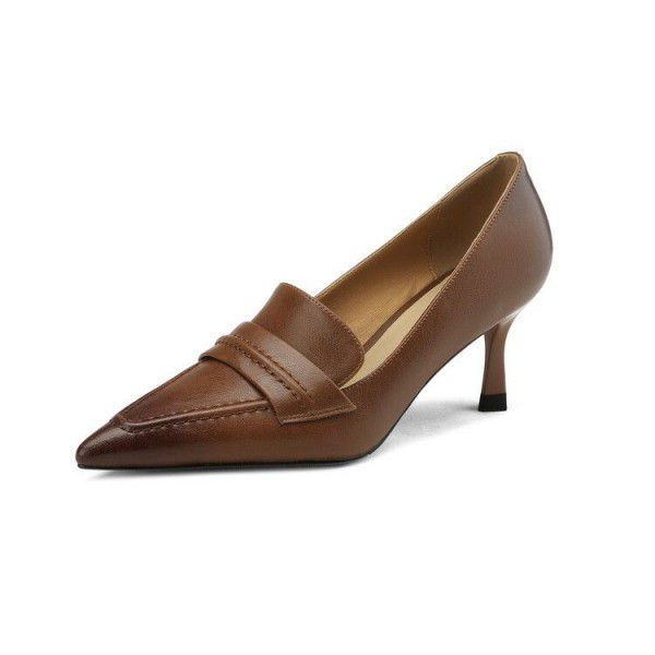 Black genuine leather small leather shoes, women's brown pointed thin high heels, new retro shallow cut thin single shoes