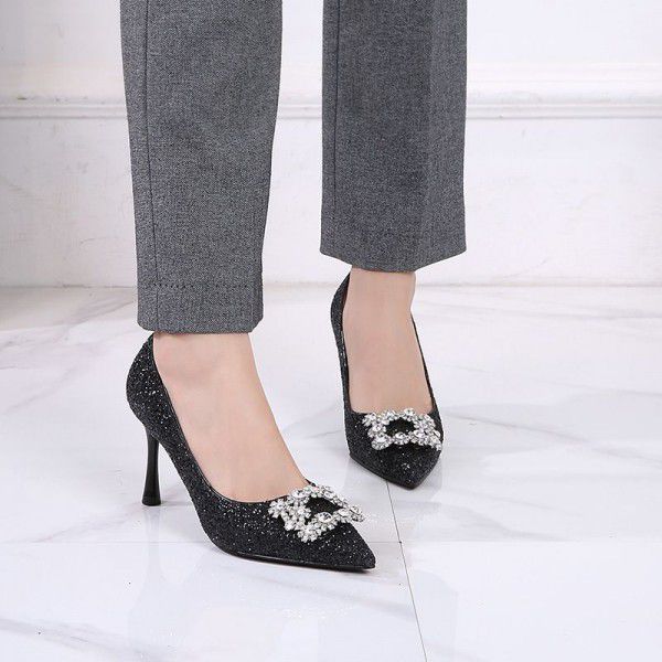 New Summer Crystal High Heels Wedding Shoes Black Professional Work Shoes Formal Water Diamond Square Button Women's Single Shoes 