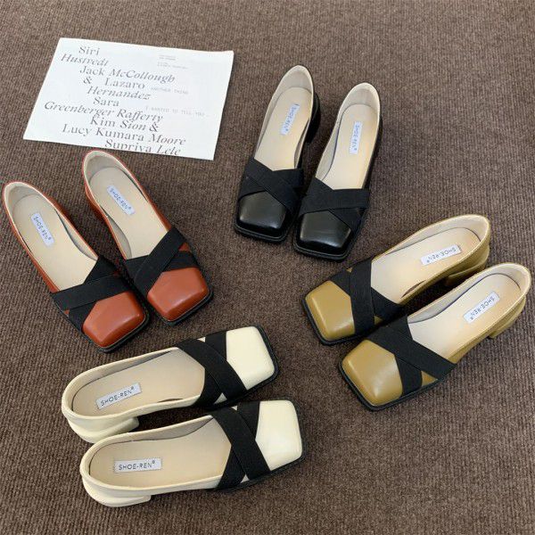 Spring thick heeled square toe women's shoes, shal...