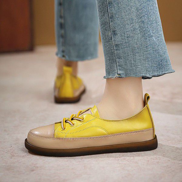 New Vintage Genuine Leather Flat Sole Women's Shoes Soft Sole Colored Casual Shoes Cow Rib Sole Women's Single Shoes 