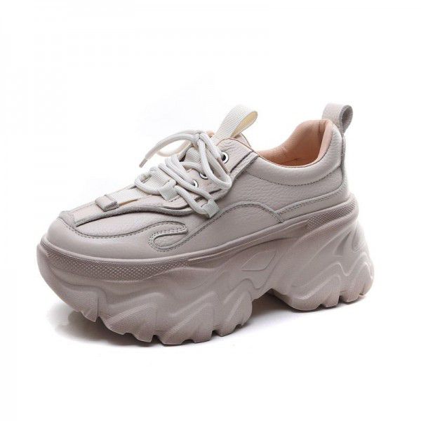 Sporty casual lace up women's shoes with genuine leather thick soles and high heels, dad's shoes and single shoes 
