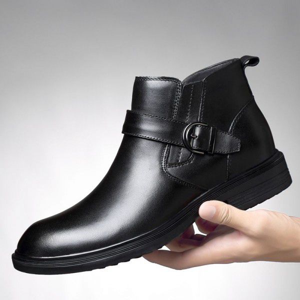 Men's leather boots, new top layer cowhide black high cut Martin boots, men's business casual plush short boots 