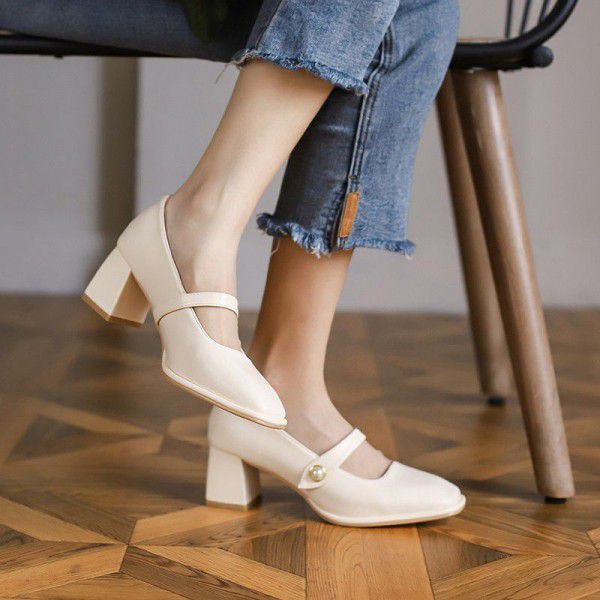French Mary Jane Shoes Women's White One Button Th...